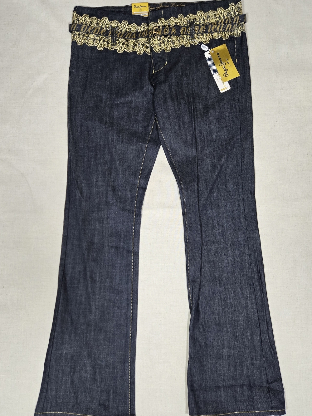 Pepe Jeans Y2K Dark Blue Flare Jeans with Gold Embroidered Waist